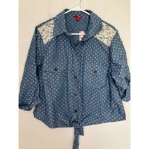 BONGO NEW Roll Tab Slv Blouse Juniors 3X Front Tie Lace Polka Dot Peasant